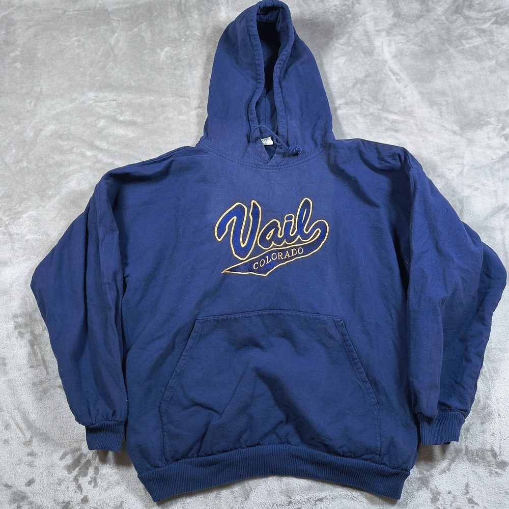 Vintage Vail Colorado Hoodie Mens Medium Blue Crazy‎ Shirt Embroidered Pullover